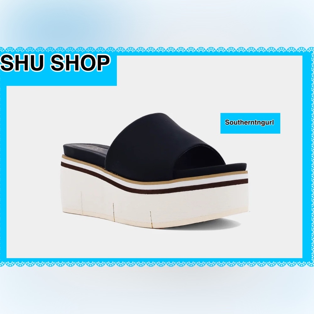 NWT SHUSHOP ”Jade” Faux leather Black/Ivory Color Block Platforms Sandals - Picture 7 of 15